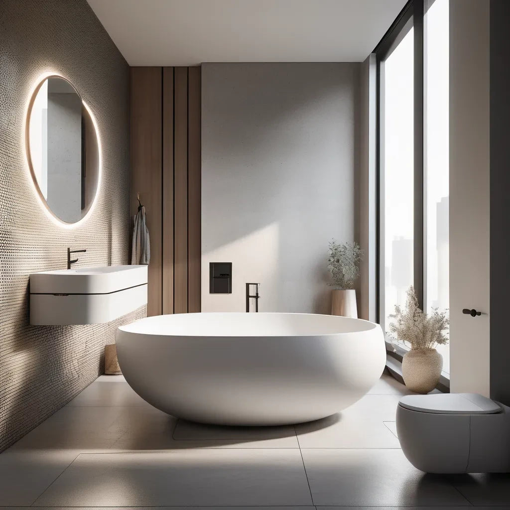 Luxury bathroom transformation featuring space-saving, wall-mounted smart toilets.