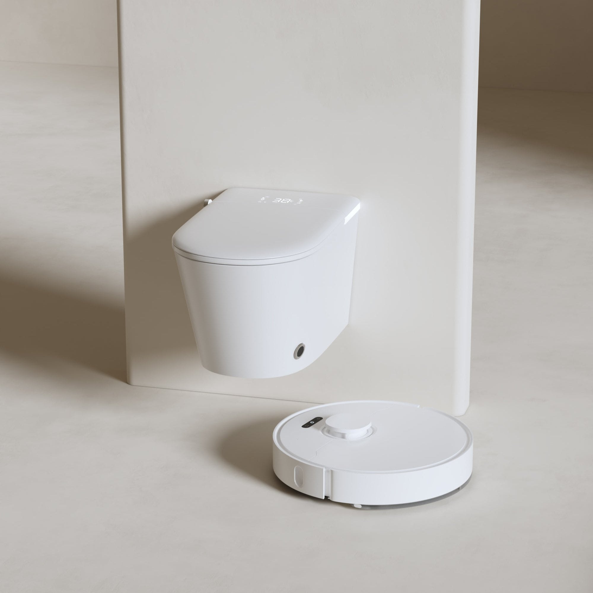 Wall-hung smart toilet with space-saving design and touchless flush for modern, compact bathrooms.