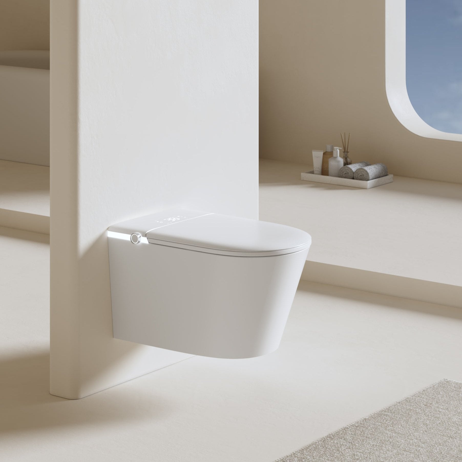 Minimalist smart toilet with adjustable temperature control and user-friendly interface for comfort and ease.