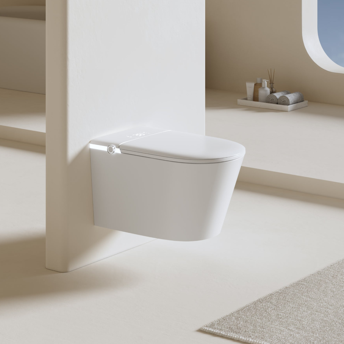 Wall-mounted smart toilet with space-saving design and touchless flush for modern, compact bathrooms.