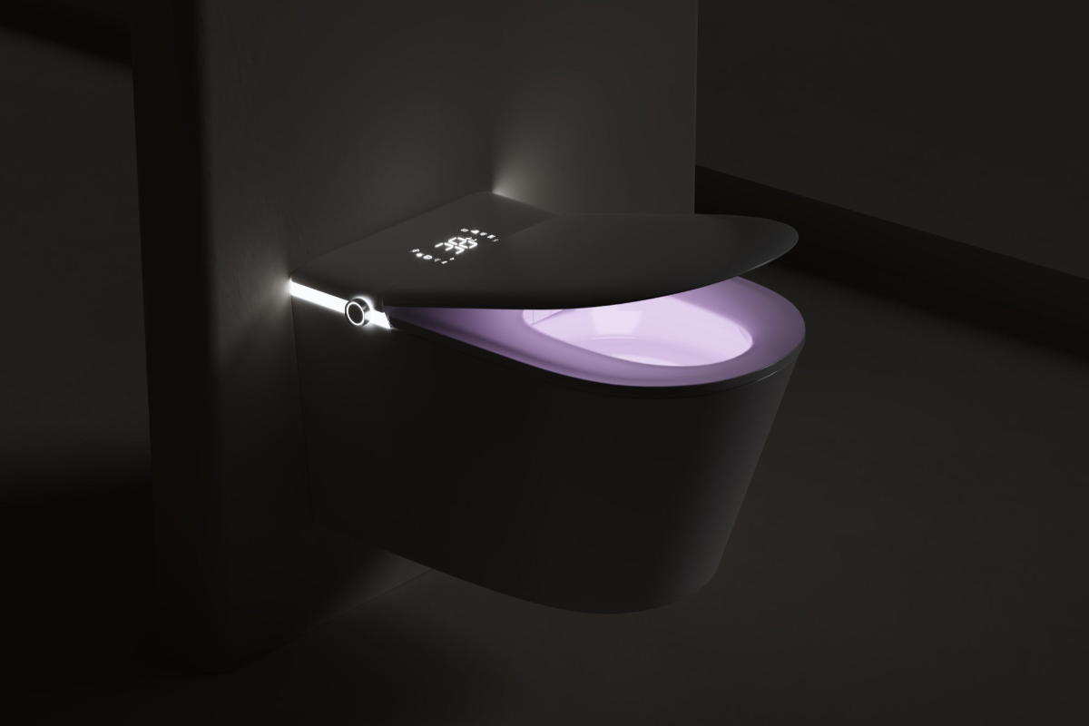 Space-saving wall-hung smart toilet with built-in LED night light for convenience and modern design.