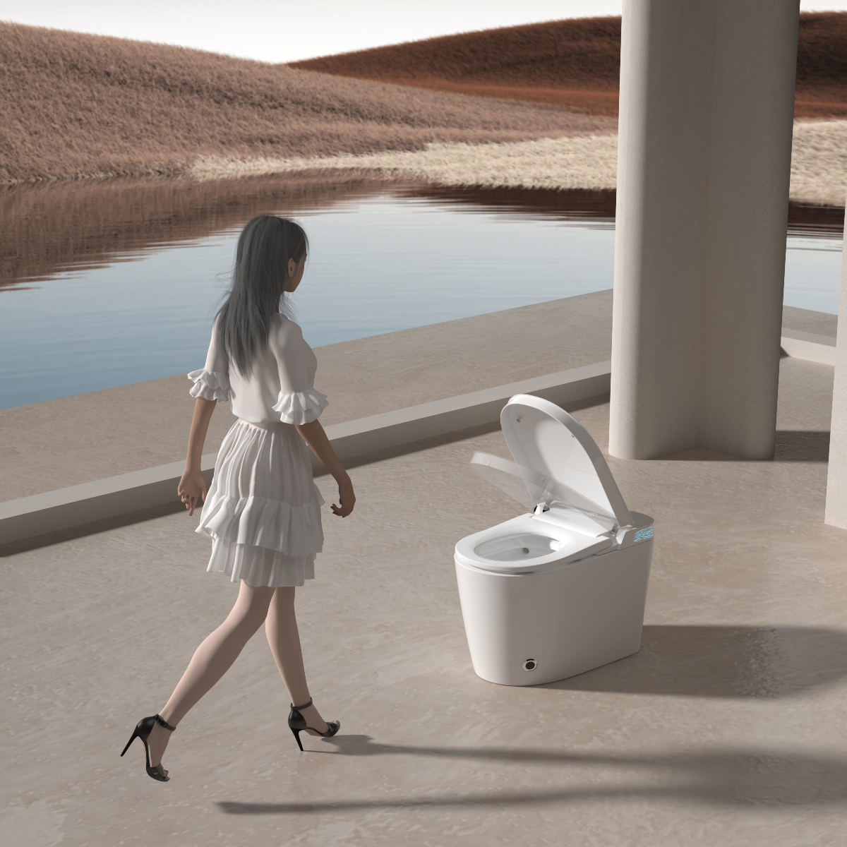 Minimalist smart toilet with touchless operation and adjustable water pressure for a personalized, hassle-free bathroom experience.