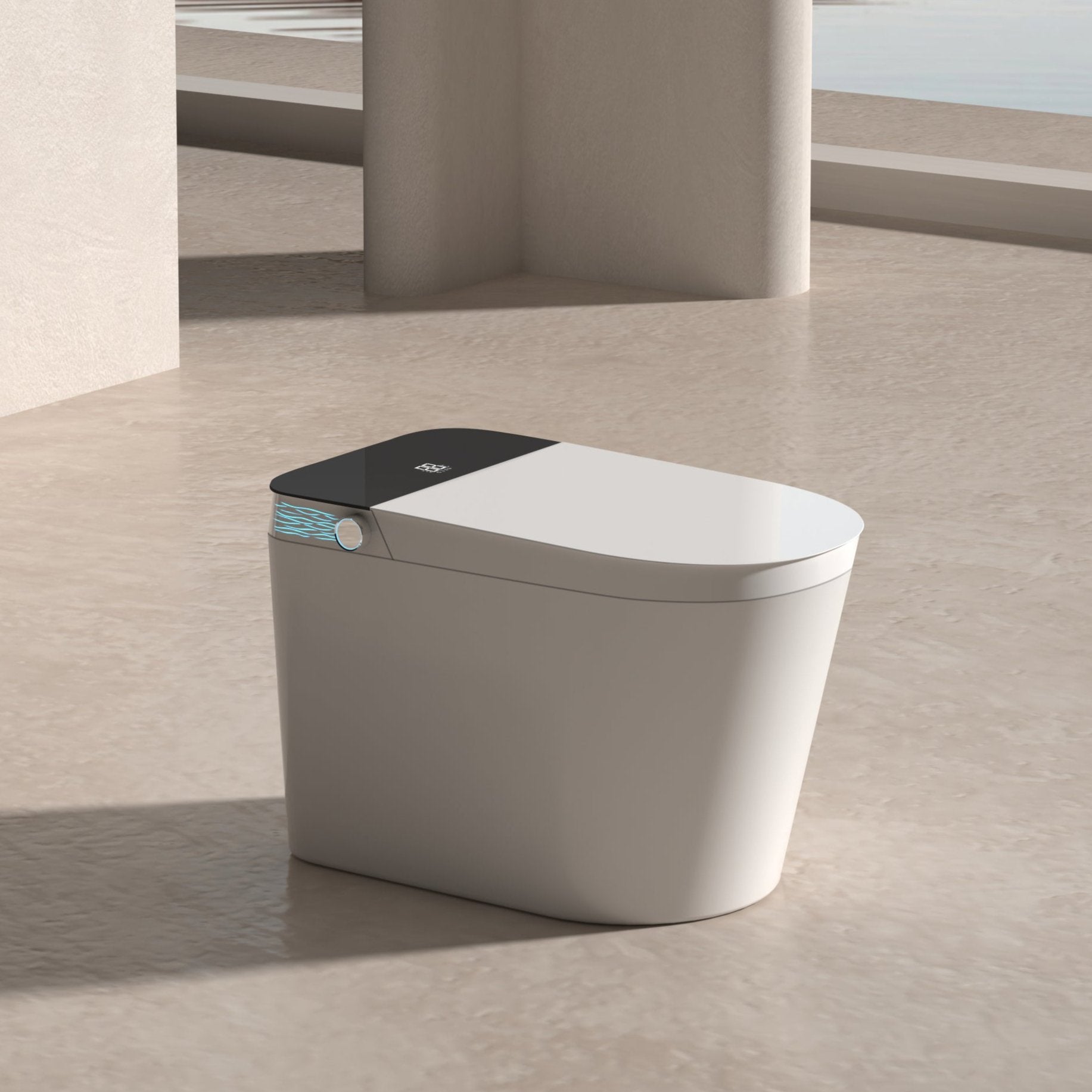 Smart toilet with automatic lid, deodorizing system, and adjustable water pressure for hygiene and convenience.