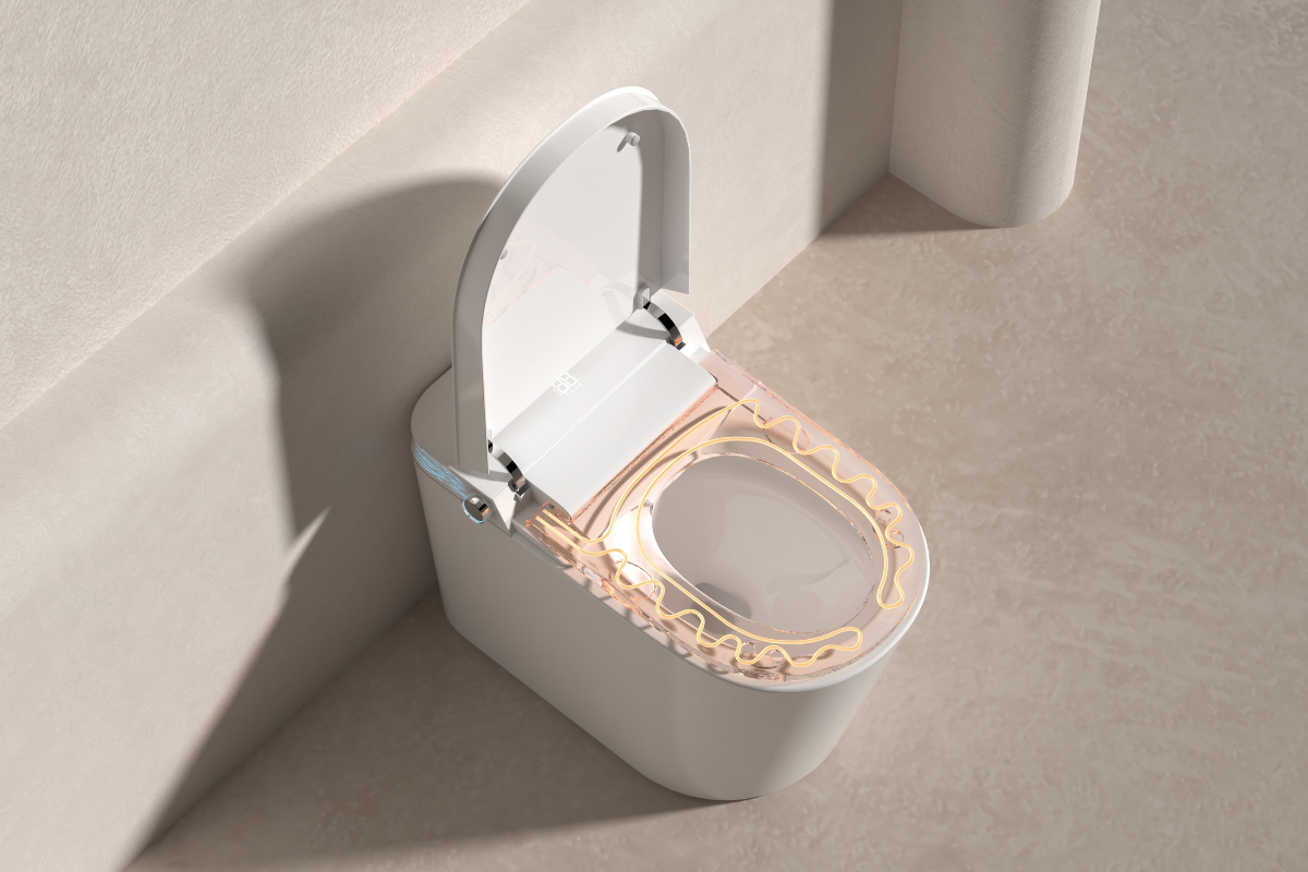 Luxury smart toilet equipped with full-featured bidet, adjustable seat temperature, and touchless flush for personalized comfort.