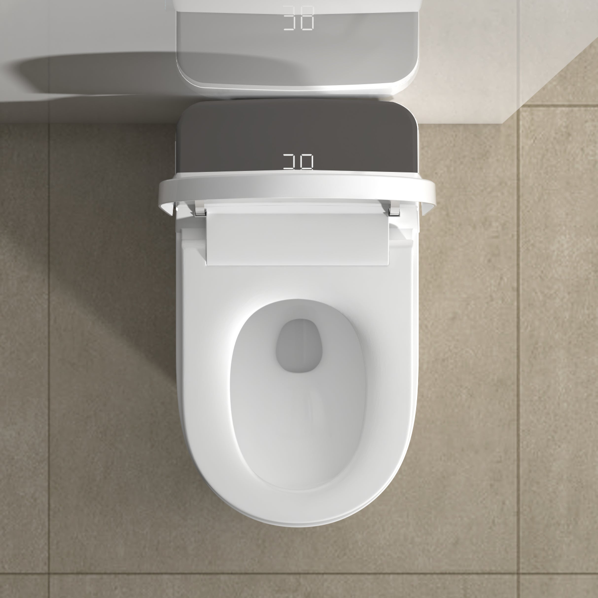 Smart toilet featuring internal water tank for improved water pressure and quiet, powerful flushing.