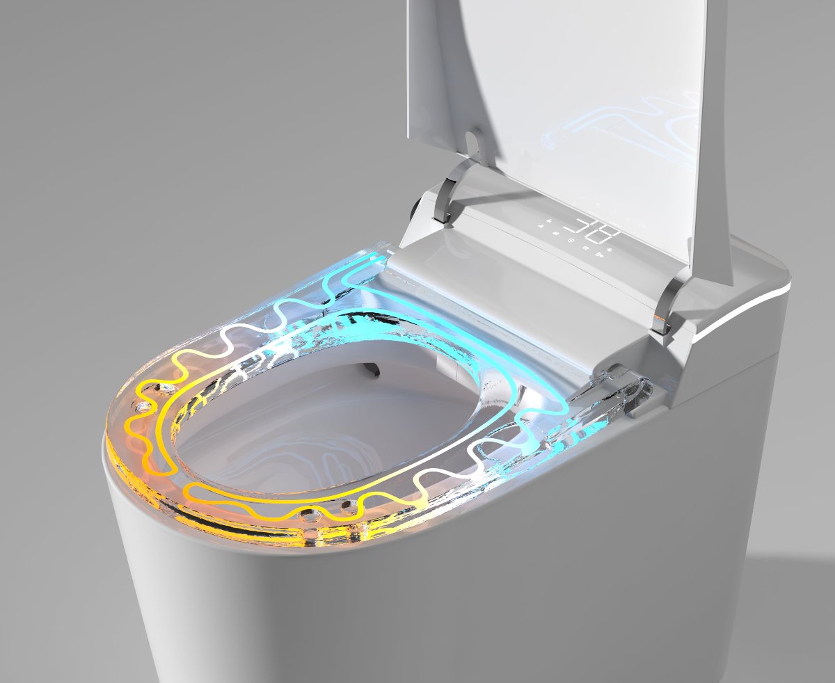 Energy-efficient smart toilet featuring eco-friendly heated seat, ideal for reducing energy consumption while maximizing comfort.