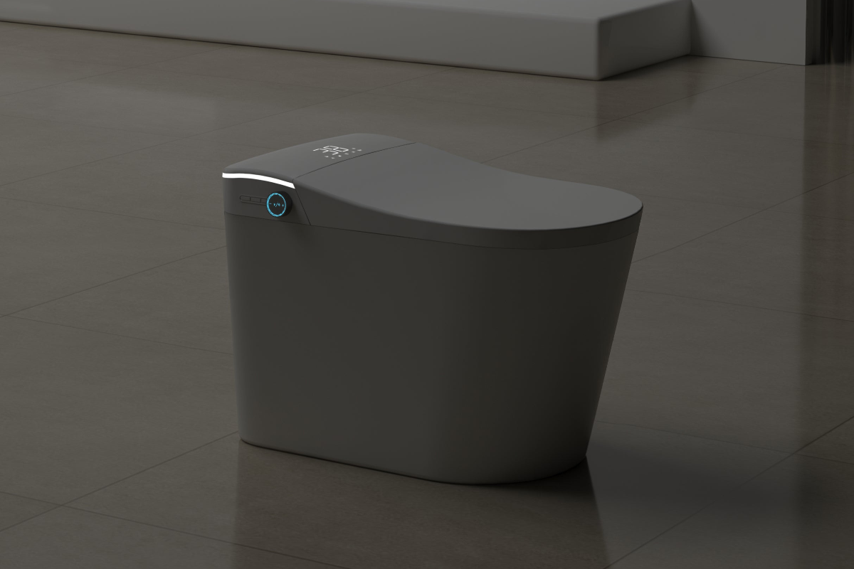 Luxury smart toilet with soft-close lid, heated seat, and customizable user profiles for tailored comfort.