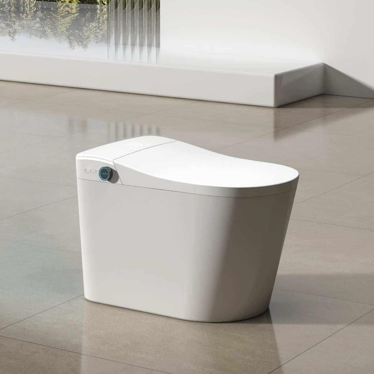 Modern standing smart toilet with bidet functionality and self-cleaning system, designed for ultimate hygiene and comfort.