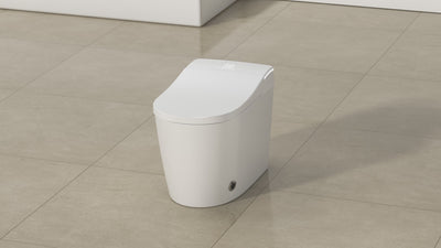 Touchless smart toilet featuring motion-activated lid and self-cleaning mechanism for a hands-free, hygienic experience.